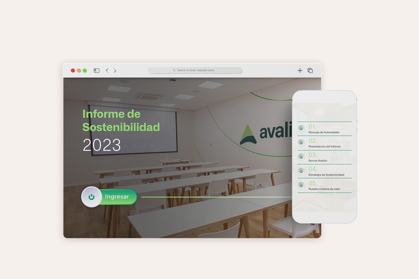 Informe de sostenibilidad de Avalian en pantalla y móvil